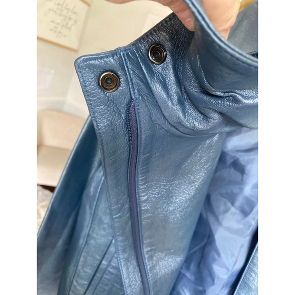 Vintage Bagatelle Leather Jacket Metallic Blue Cropped Moto Retro Scandi City - Picture 10 of 13